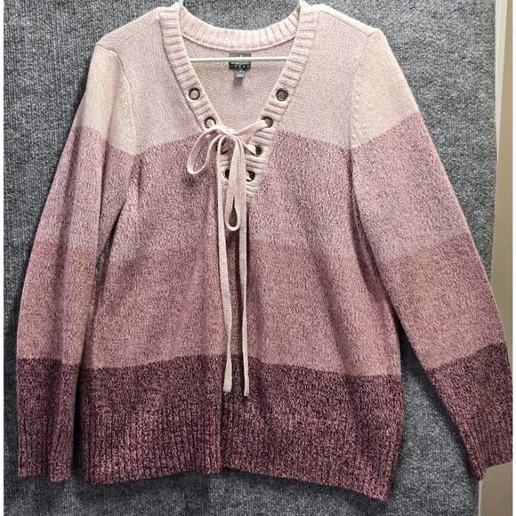 SOHO New York & Co Jeans Sweater Size M Cream Pink Mauve Wine Striped Laced Tie - Picture 2 of 6